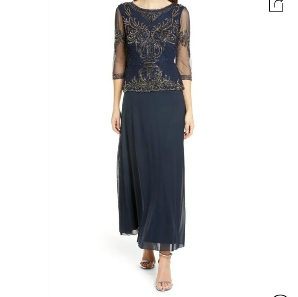 Pisarro Nights Bead Embellished Gown In Navy/ Mercury